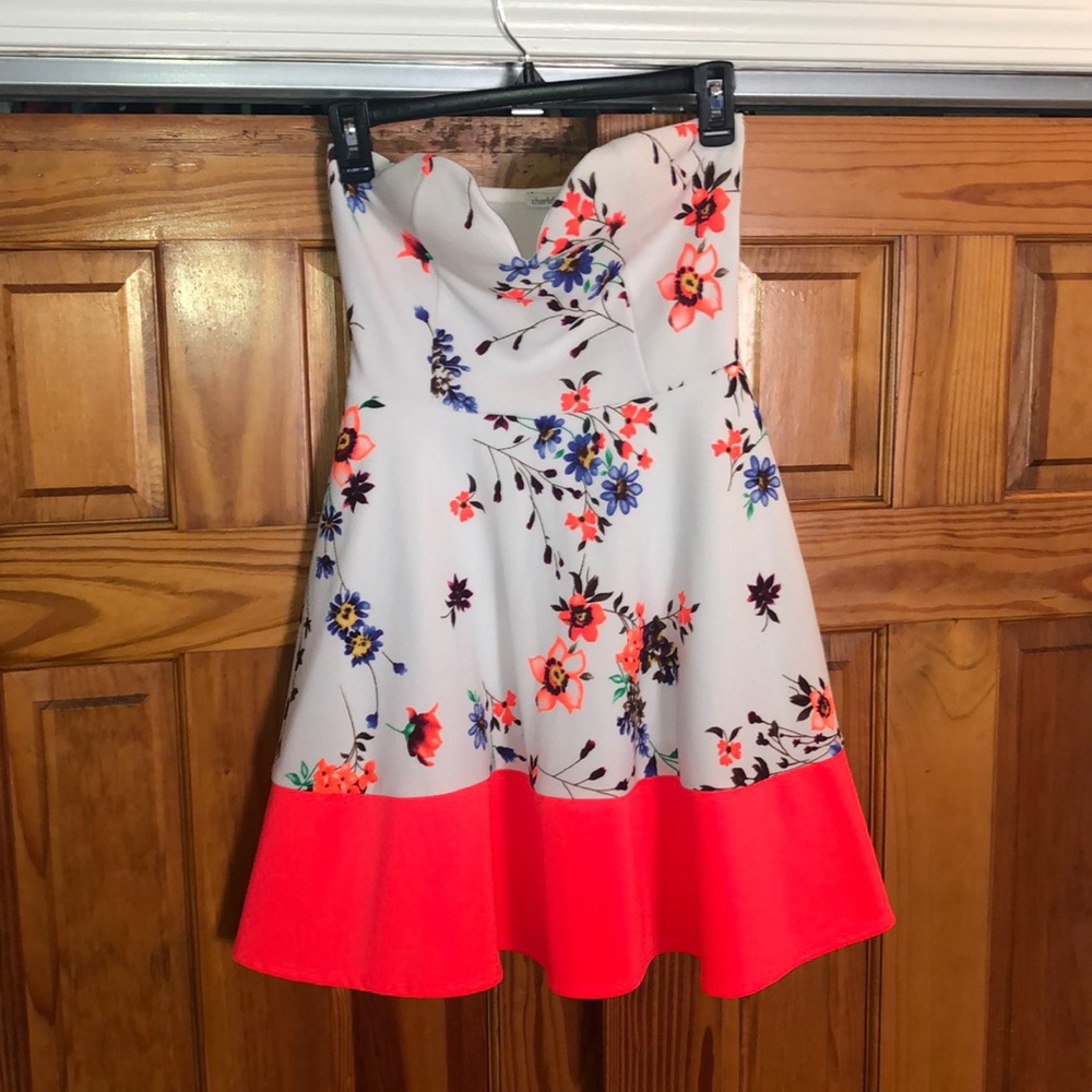 White and colorful floral strapless dress